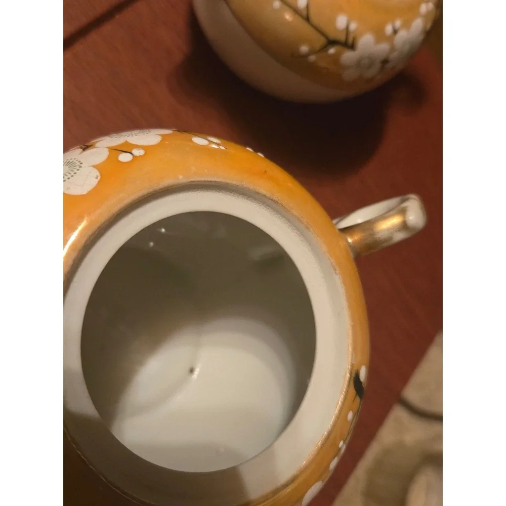 Vintage Lusterware Creamer and Sugar Bowl Set Orange Cherry Blossom Porcelain